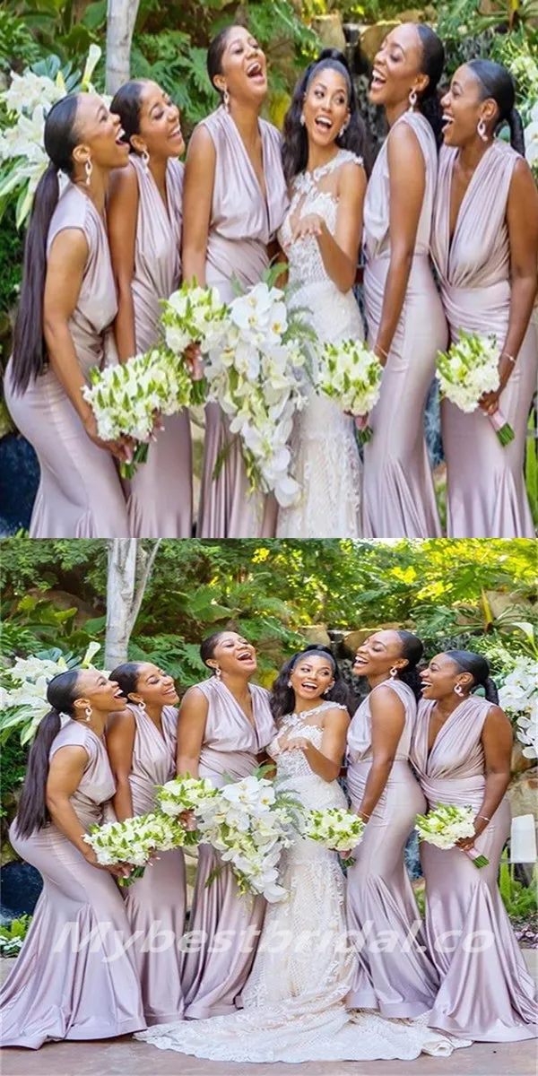 Mermaid V-neck Pleats Elegant Simple Long Bridesmaid Dresses,BDS0204