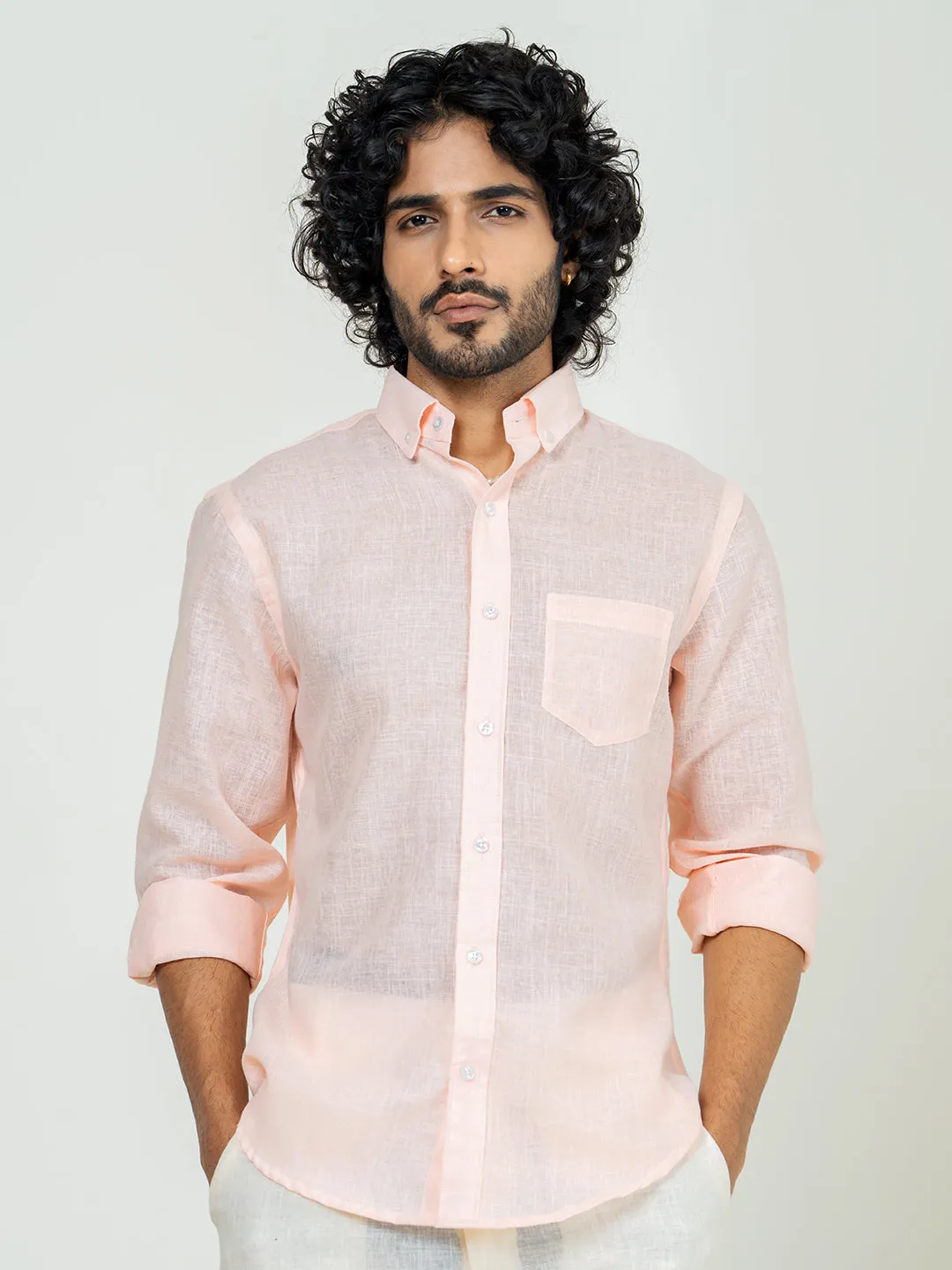 Millennial pink Linen blend full sleeves shirt