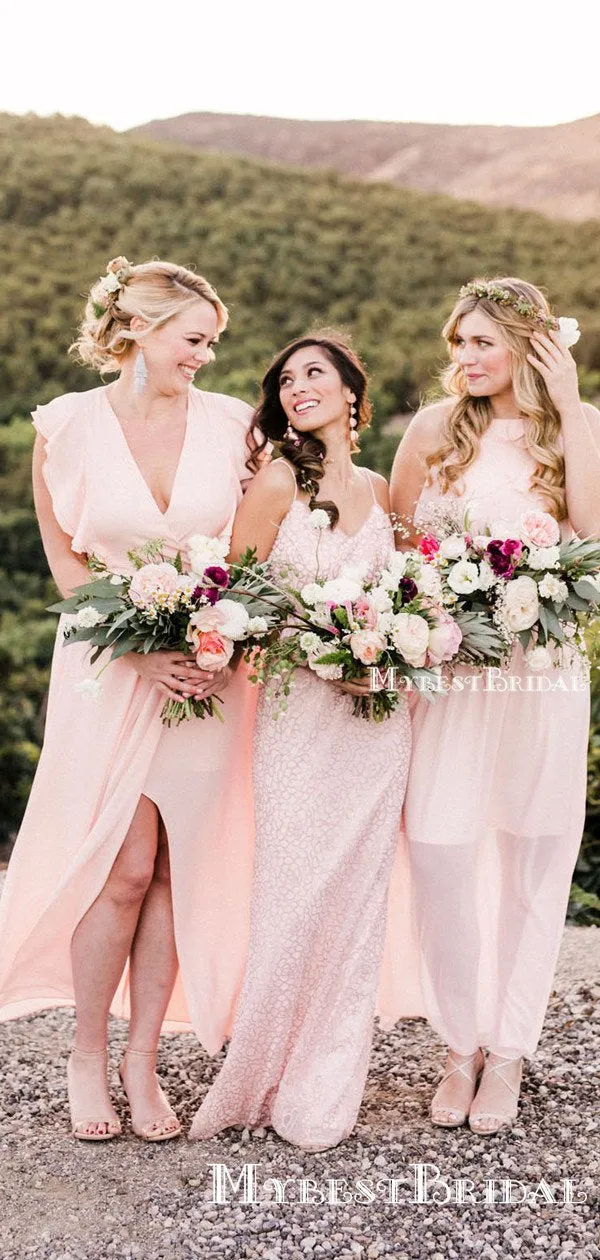 Mismatched Charming Pink Chiffon A-line Long Cheap Bridesmaid Dresses, BDS0065