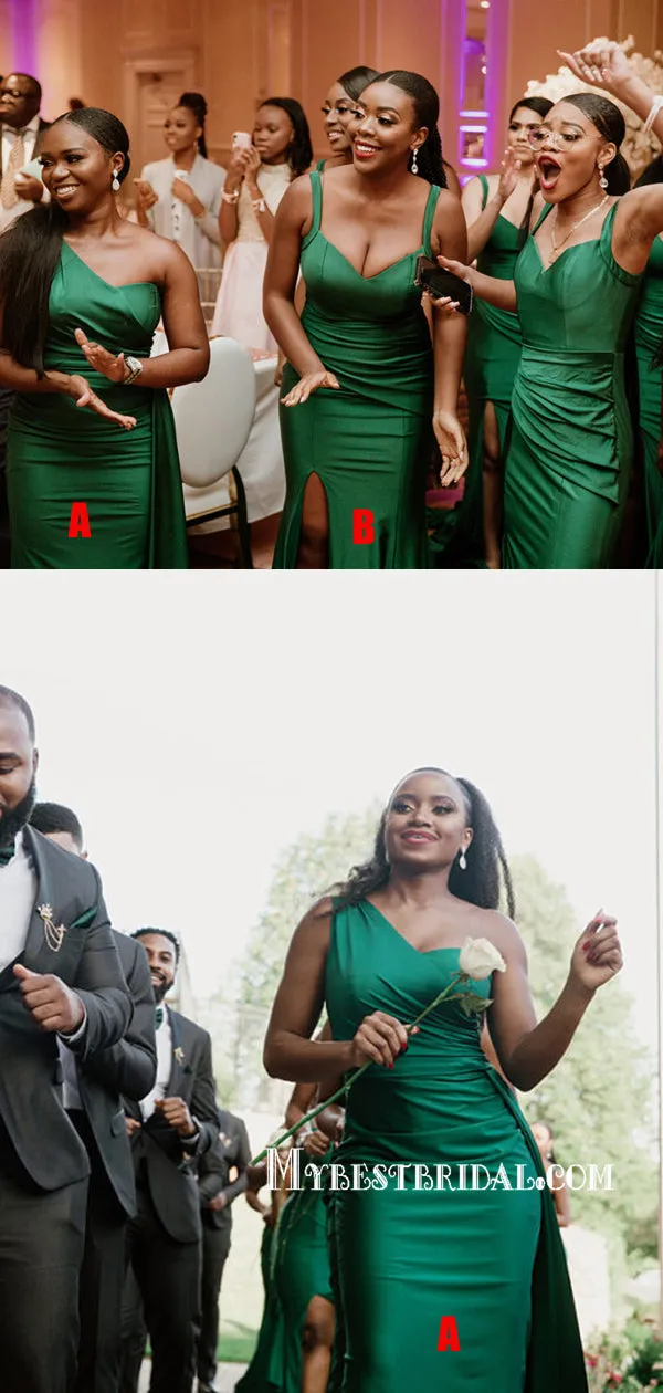 Mismatched Mermaid Green Side Slit Long Bridesmaid Dresses, BDS0145