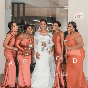Mismatched One-shoulder Pleats Mermaid Sleeveless Bow knot Elegant Simple Long Bridesmaid Dresses,BDS0193