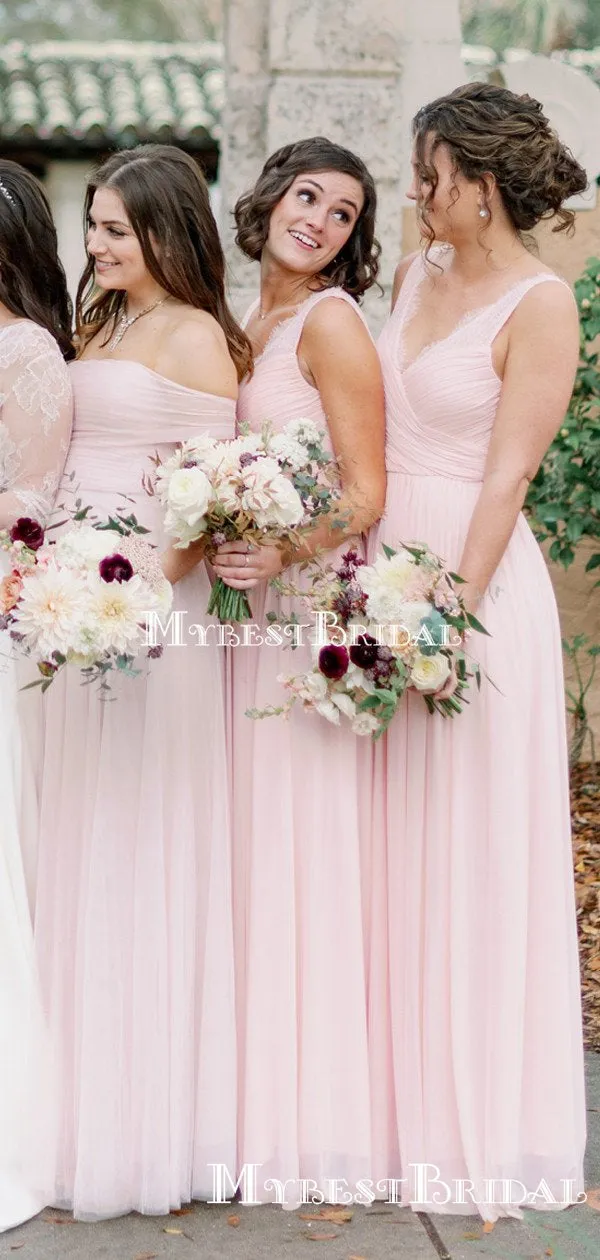 Mismatched Simple Pink Chiffon A-line Long Cheap Bridesmaid Dresses, BDS0077