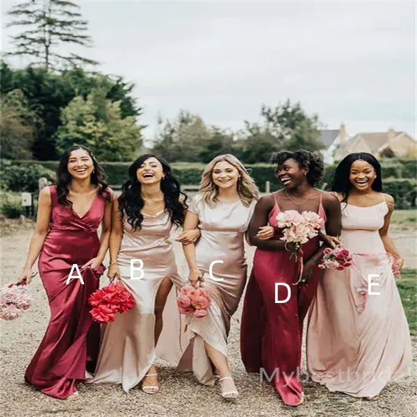 Mismatched V-neck Side slit A-line Elegant Simple Pretty Long Bridesmaid Dresses, BDS0248