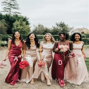 Mismatched V-neck Side slit A-line Elegant Simple Pretty Long Bridesmaid Dresses, BDS0248