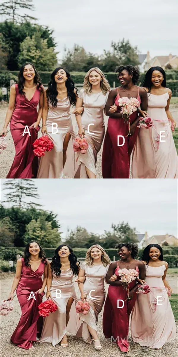 Mismatched V-neck Side slit A-line Elegant Simple Pretty Long Bridesmaid Dresses, BDS0248