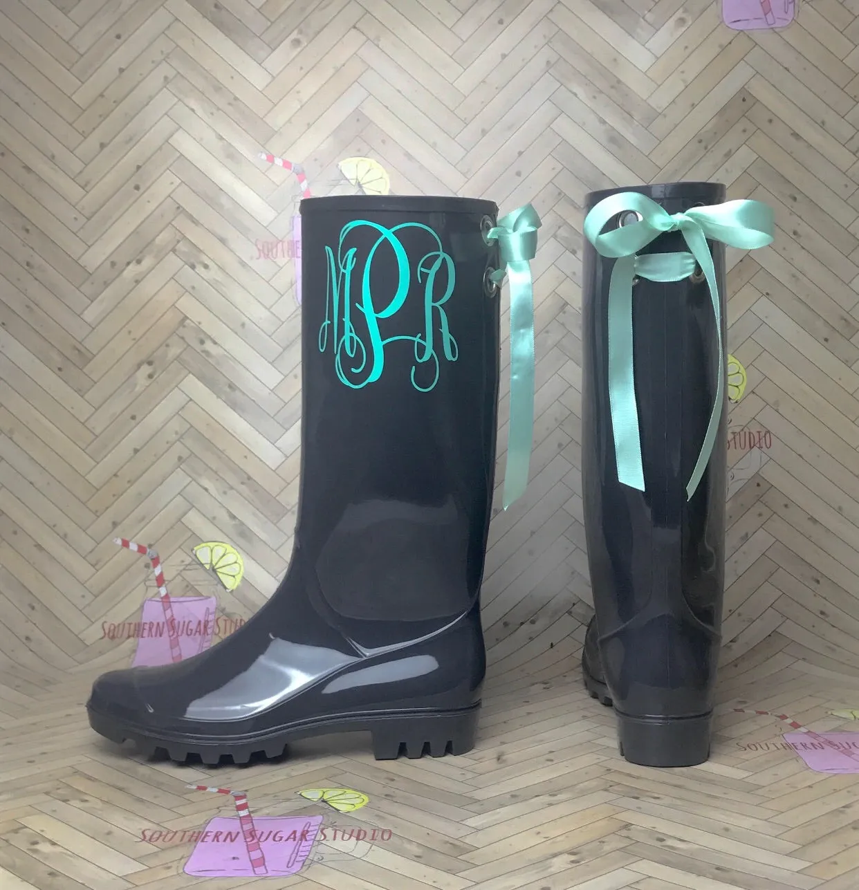Monogrammed Gray Rain boots with bows | Southern Sugar Studio