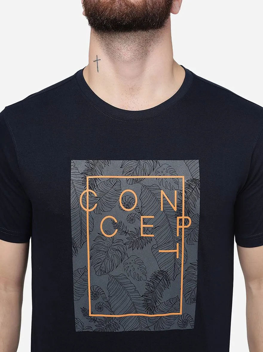 Navy Blue Printed Slim Fit T-Shirt | Greenfibre