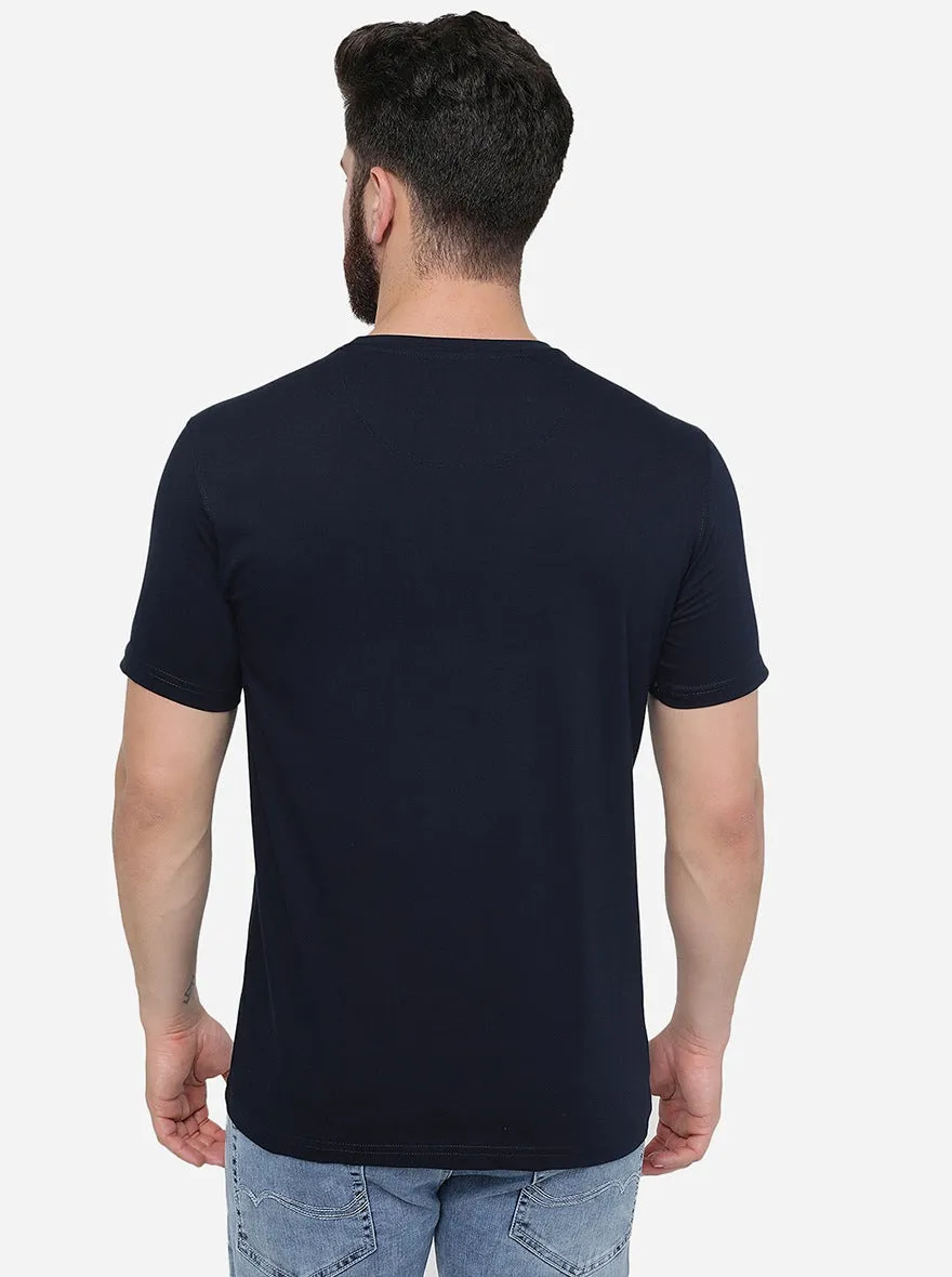Navy Blue Printed Slim Fit T-Shirt | Greenfibre