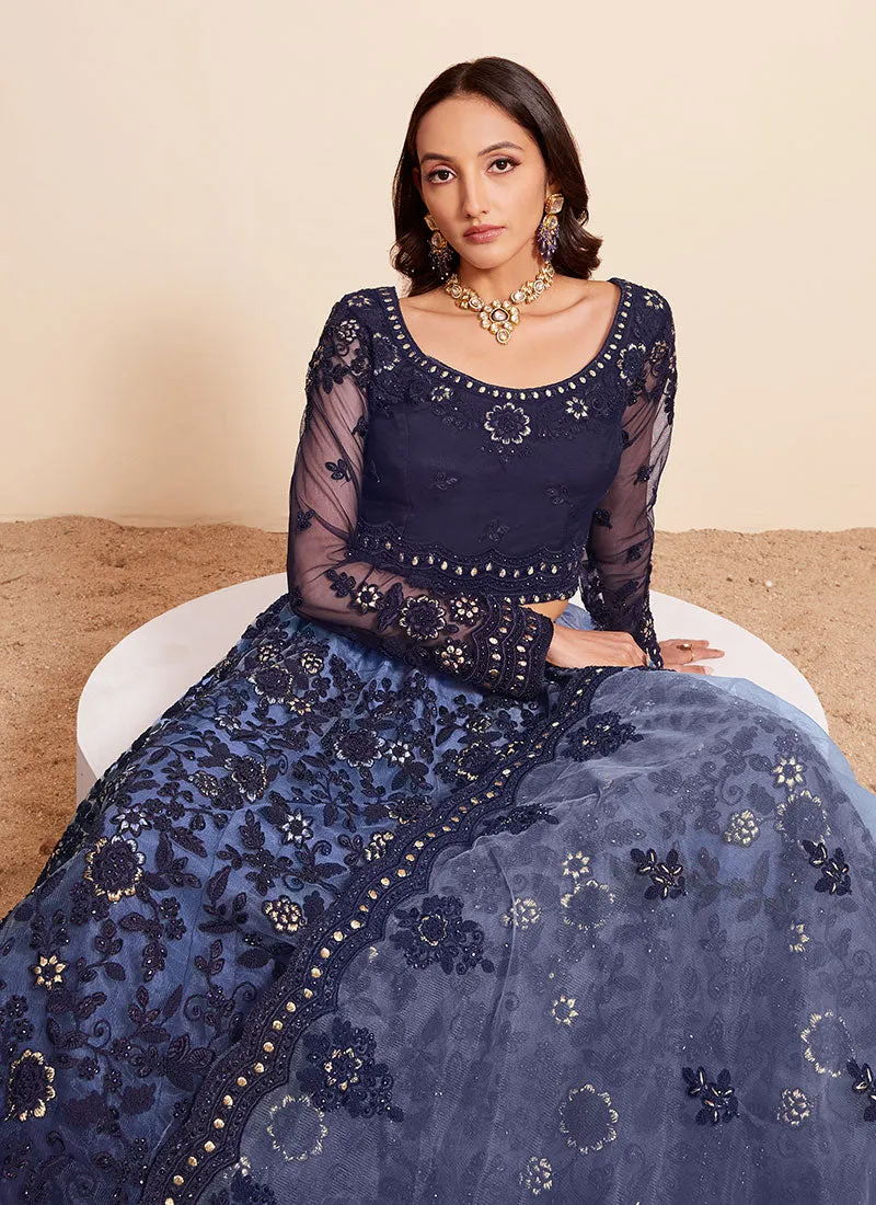 Navy Blue Thread Embroidery Traditional Lehenga Choli And Dupatta