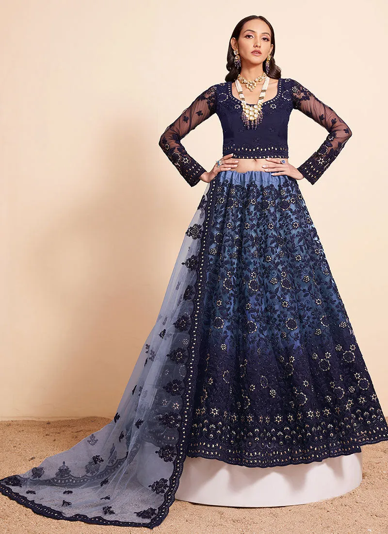 Navy Blue Thread Embroidery Traditional Lehenga Choli And Dupatta