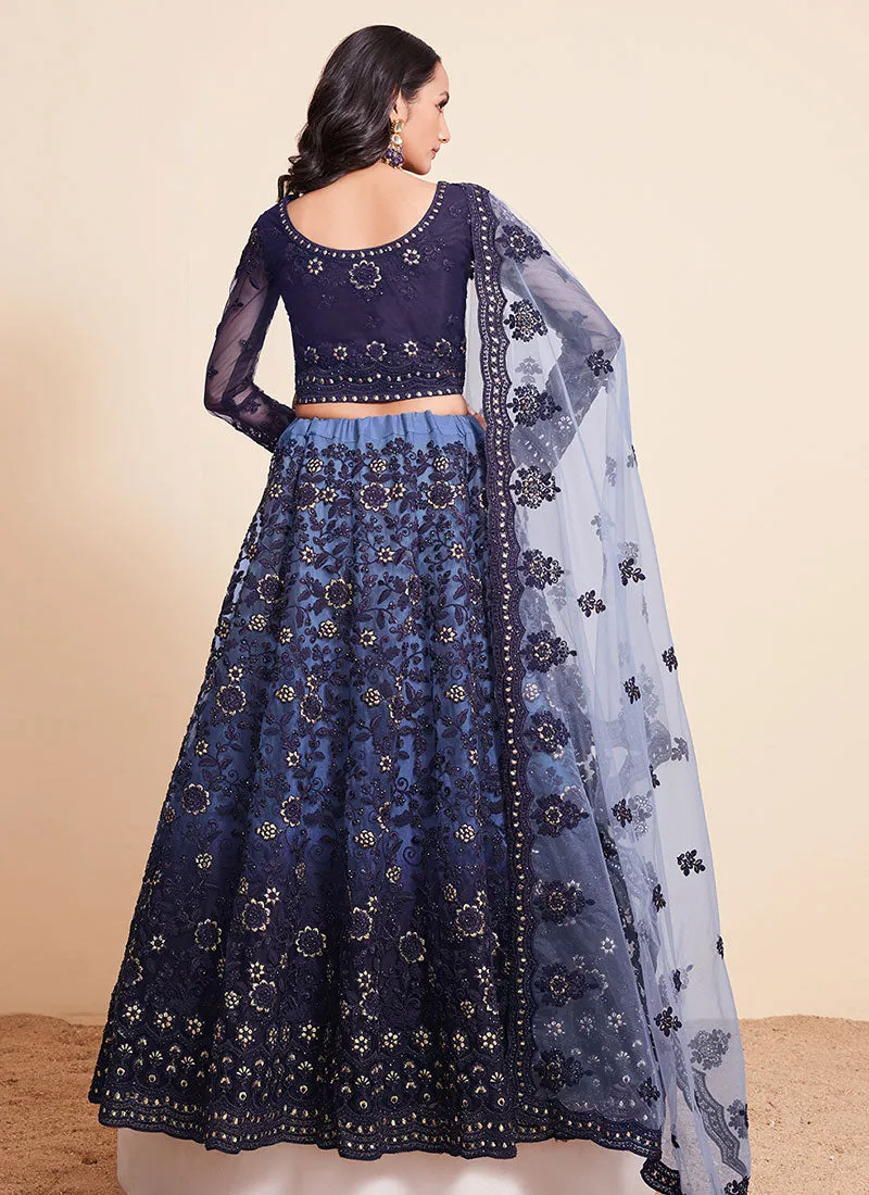 Navy Blue Thread Embroidery Traditional Lehenga Choli And Dupatta