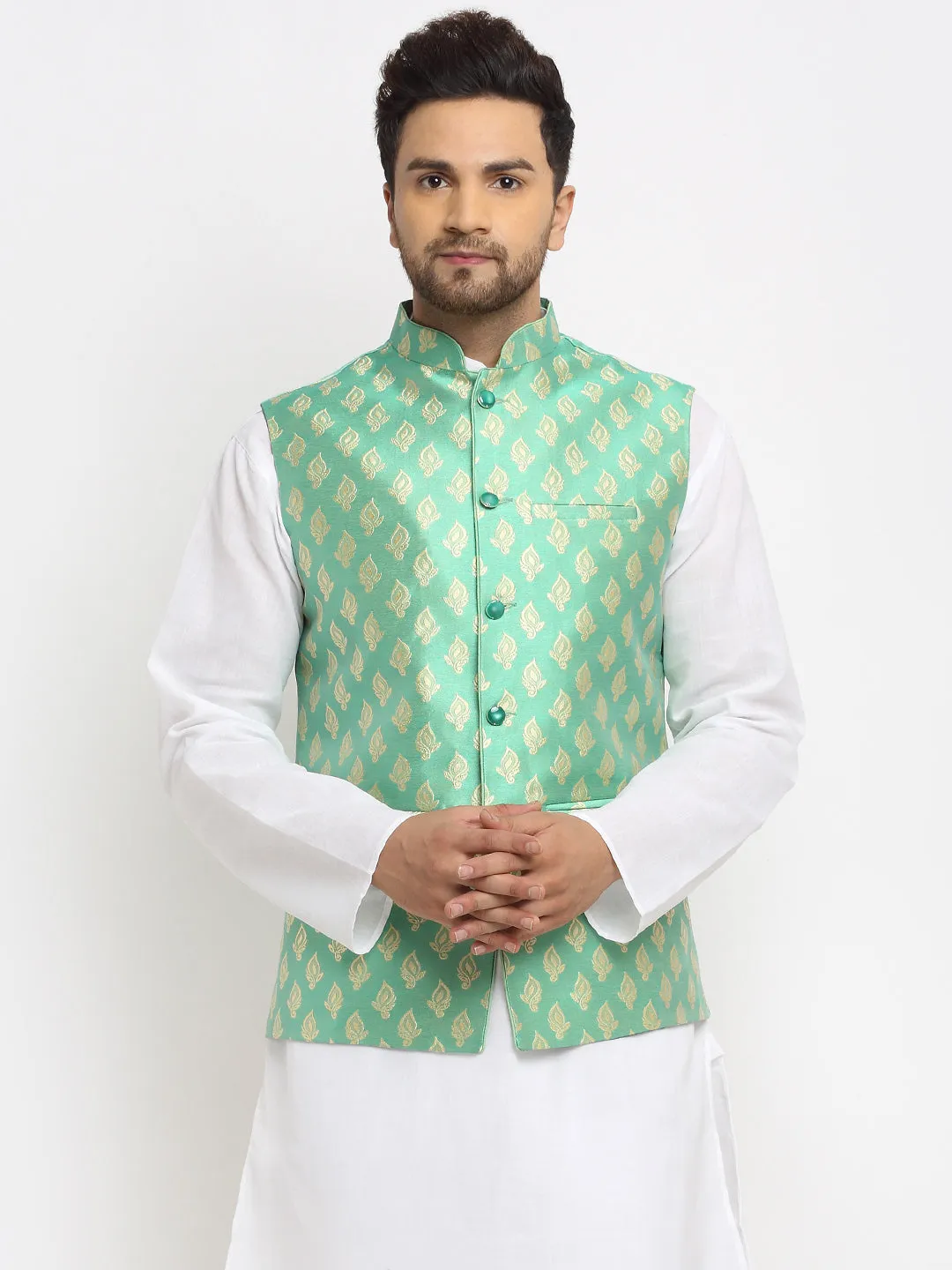 New Designer Men Aqua Green Brocade Nehru Jacket With Golden Work By Treemoda