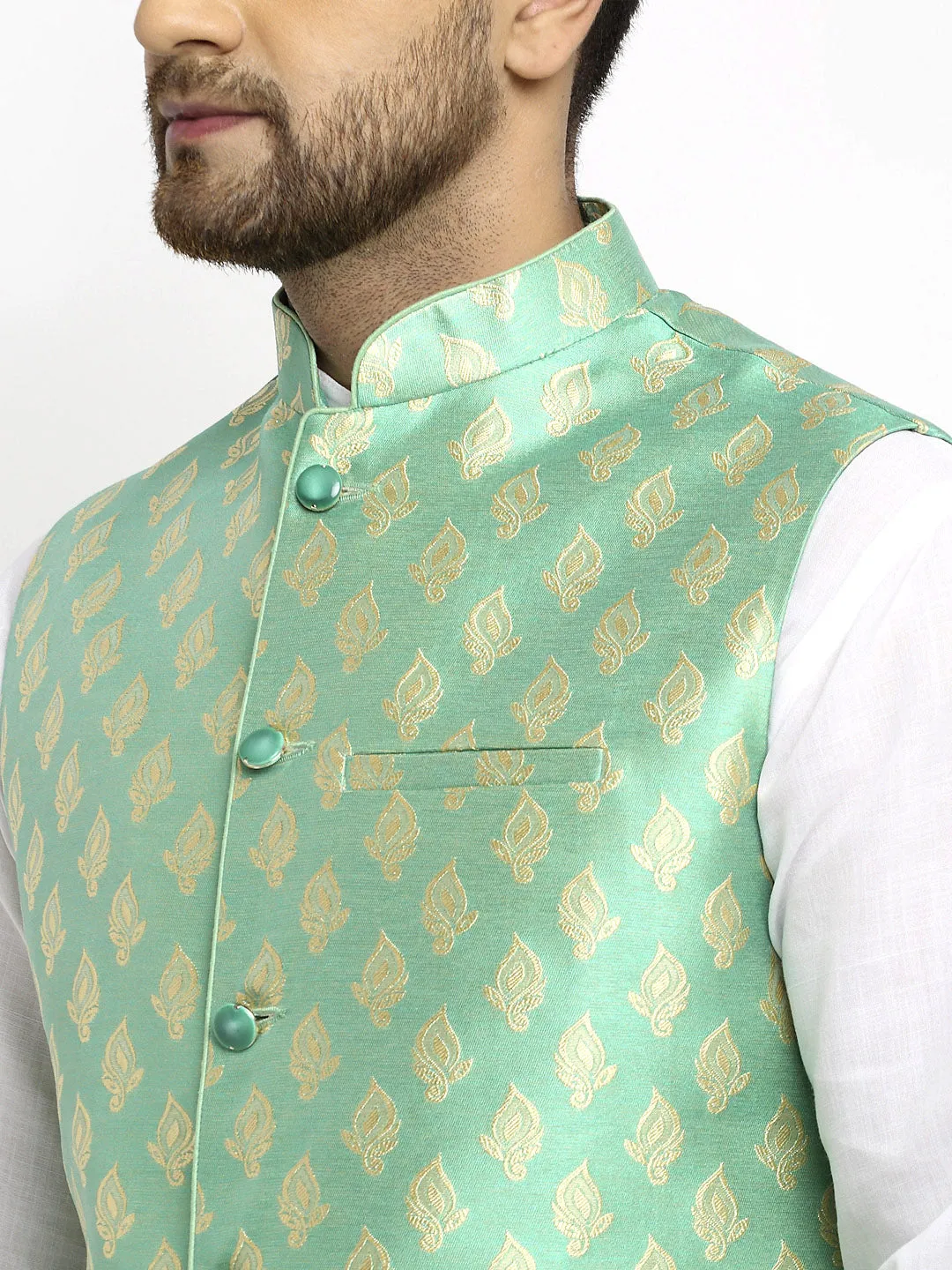 New Designer Men Aqua Green Brocade Nehru Jacket With Golden Work By Treemoda