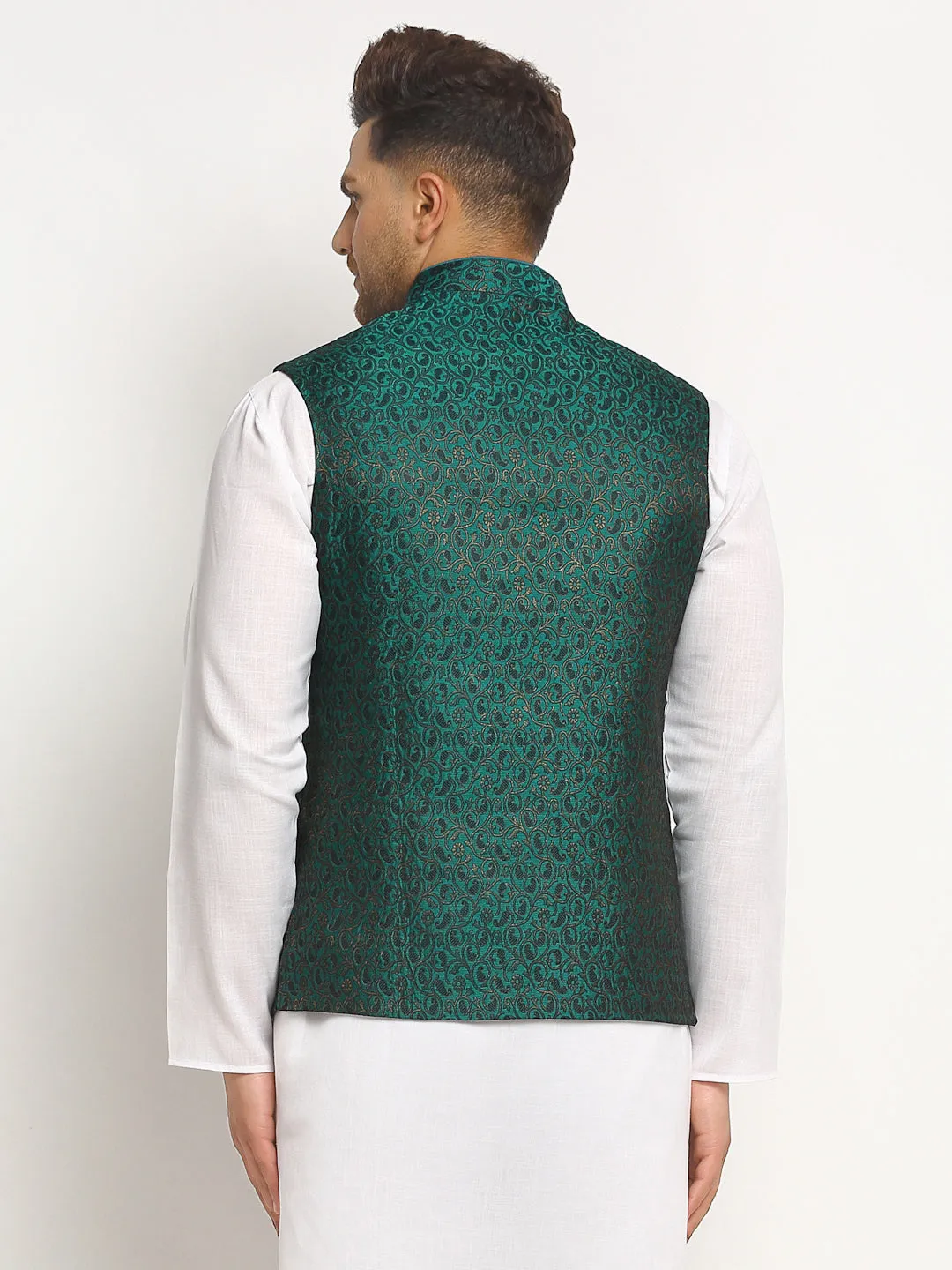 New Designer Men Bottle Green  Brocade Nehru Jacket With Golden Work By Treemoda