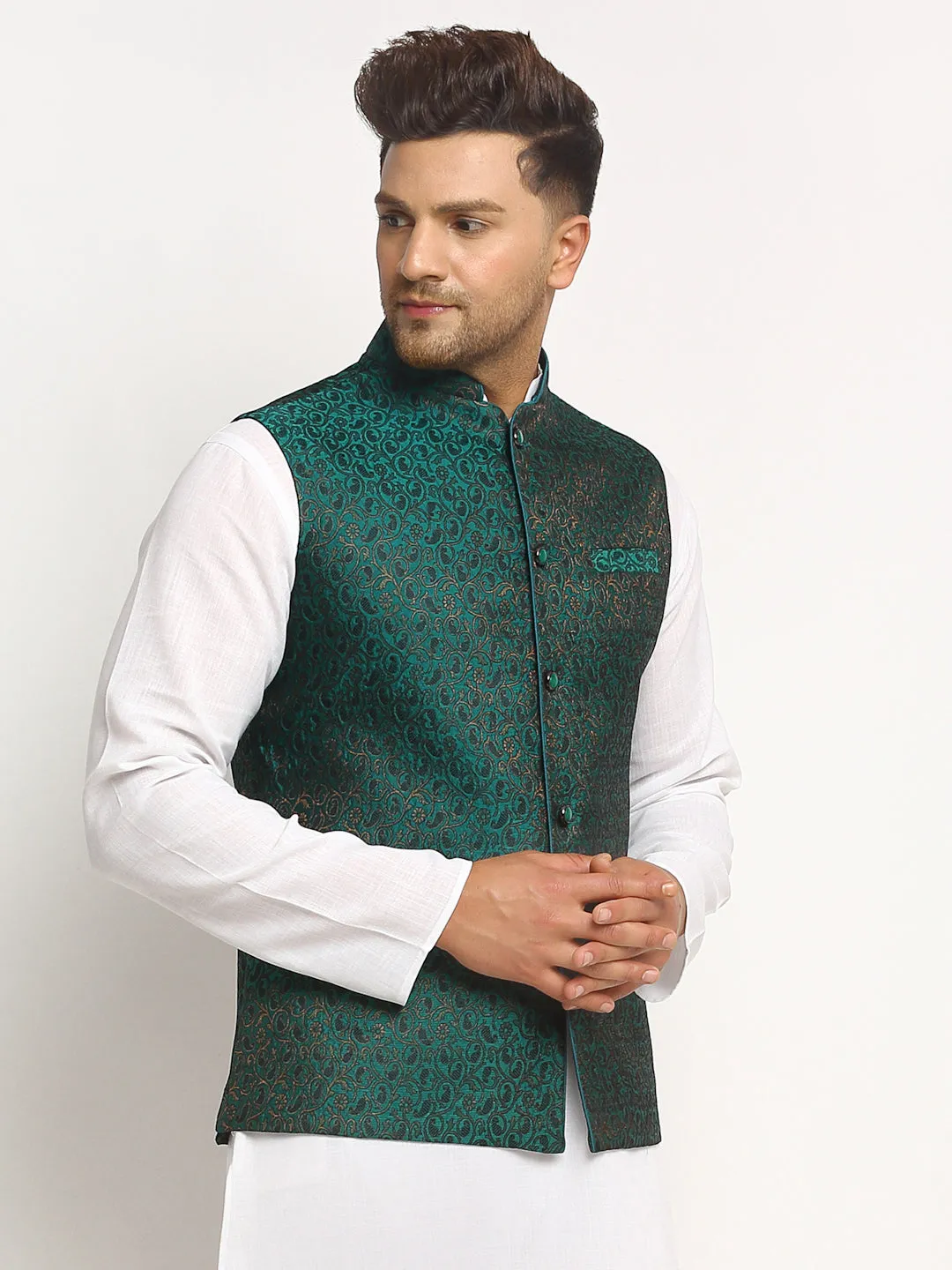 New Designer Men Bottle Green  Brocade Nehru Jacket With Golden Work By Treemoda