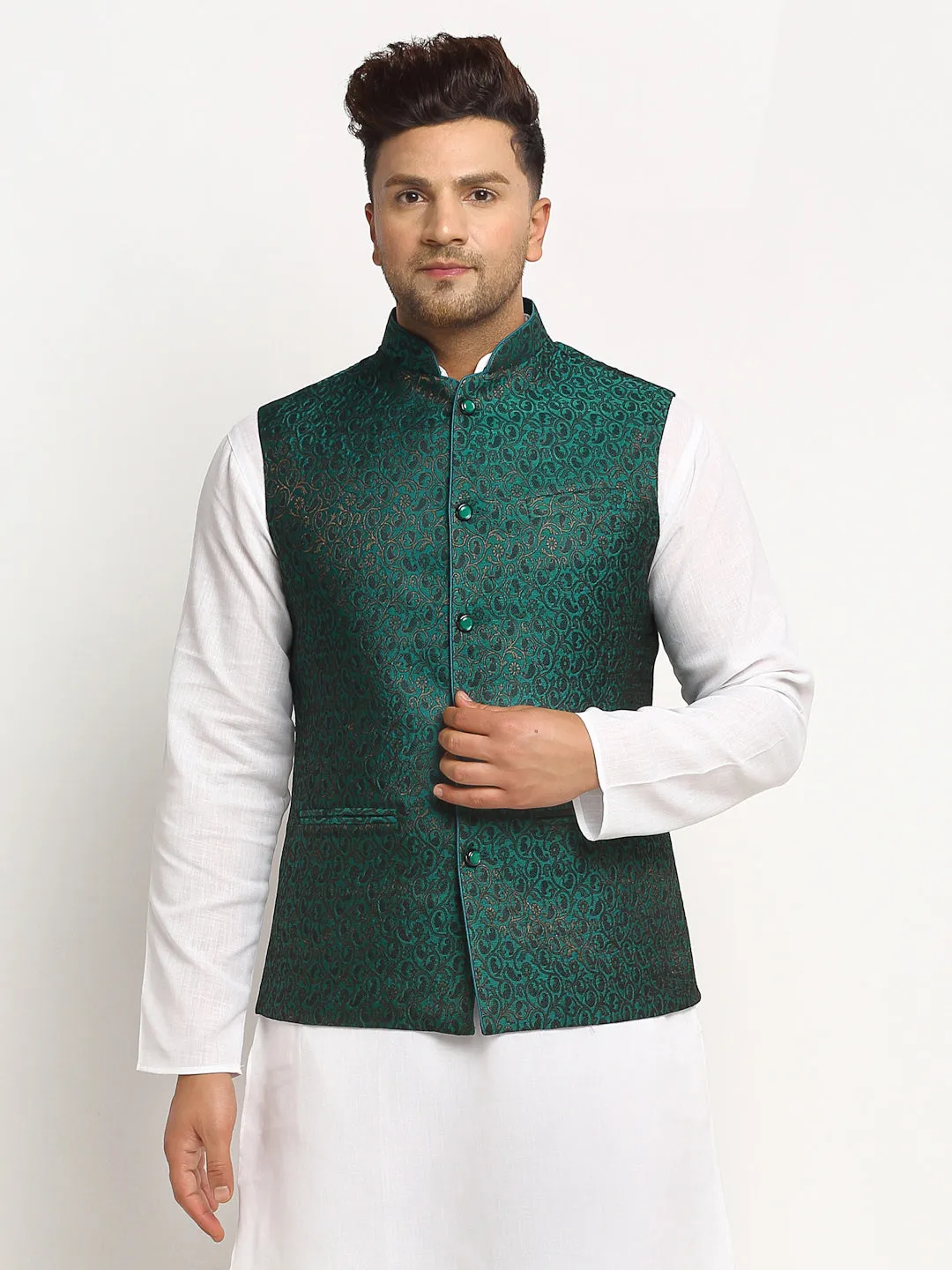 New Designer Men Bottle Green  Brocade Nehru Jacket With Golden Work By Treemoda