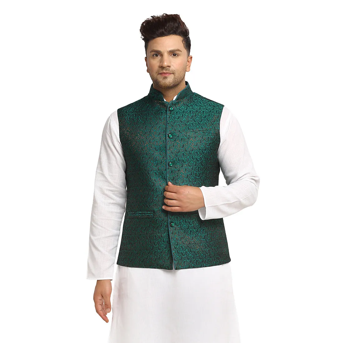 New Designer Men Bottle Green  Brocade Nehru Jacket With Golden Work By Treemoda