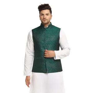 New Designer Men Bottle Green  Brocade Nehru Jacket With Golden Work By Treemoda