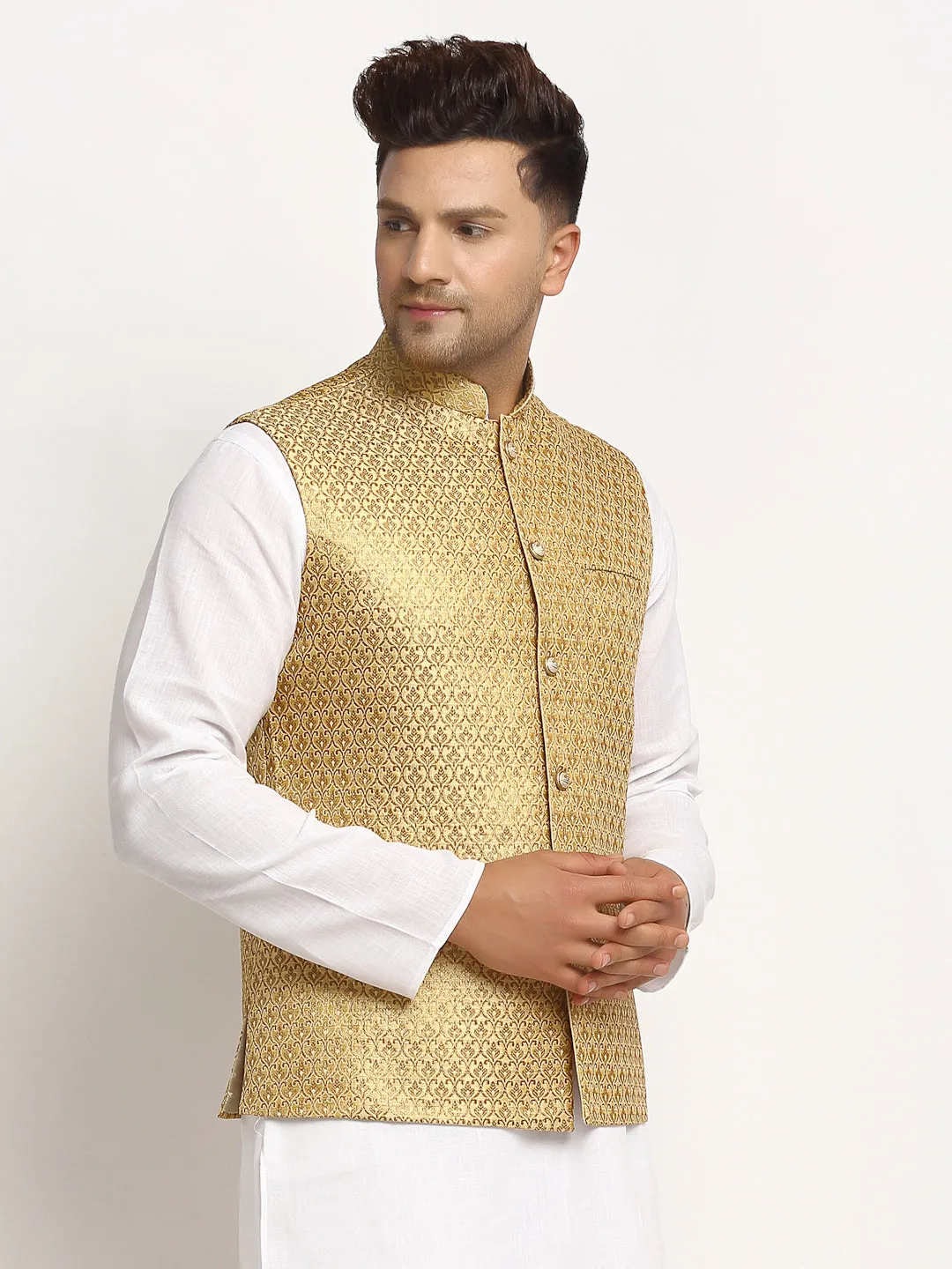 New Designer Men Dark Golden Brocade Nehru Jacket With Golden Work By Treemoda