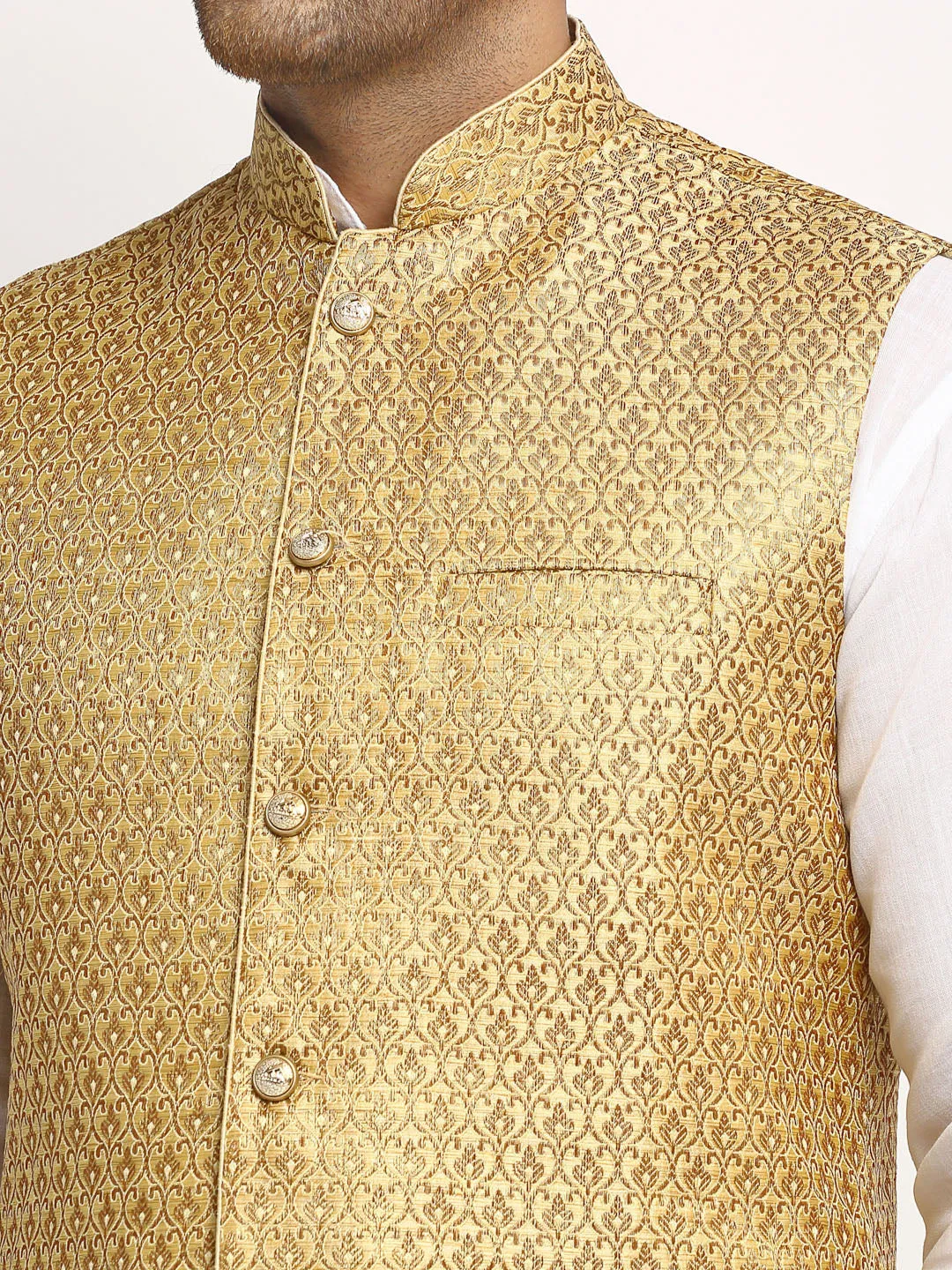 New Designer Men Dark Golden Brocade Nehru Jacket With Golden Work By Treemoda