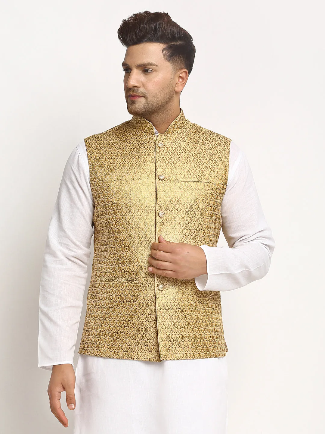 New Designer Men Dark Golden Brocade Nehru Jacket With Golden Work By Treemoda