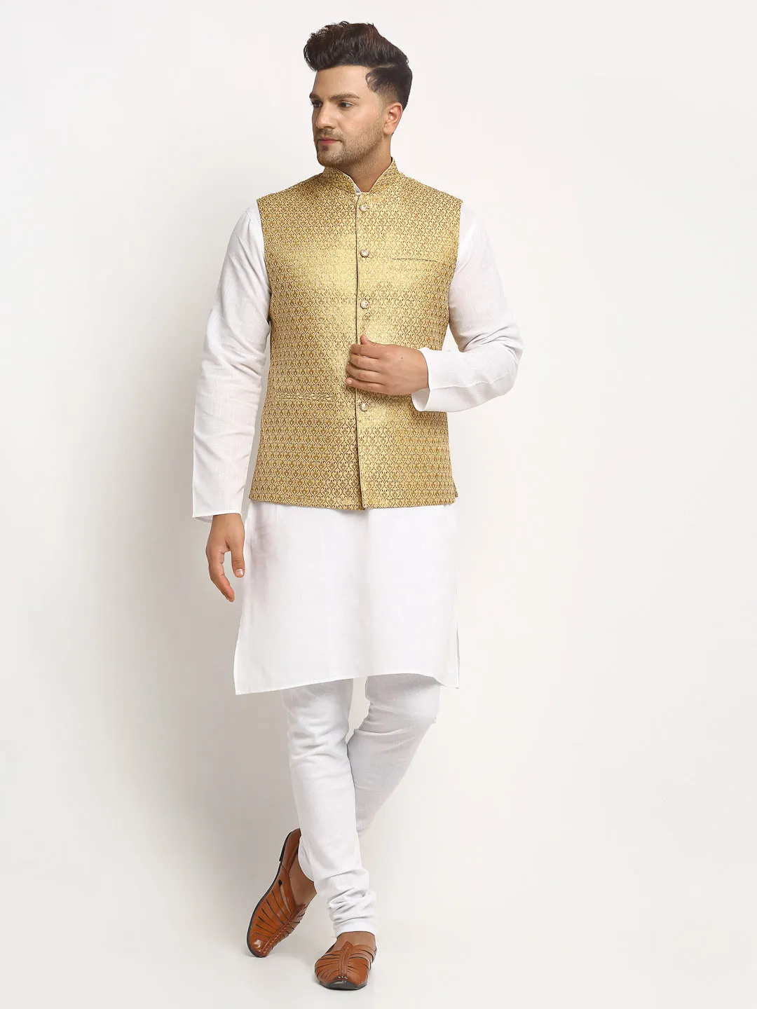 New Designer Men Dark Golden Brocade Nehru Jacket With Golden Work By Treemoda