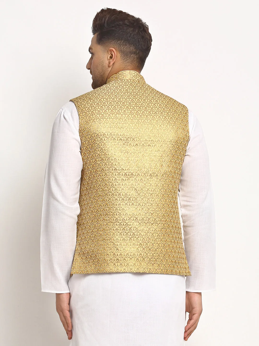 New Designer Men Dark Golden Brocade Nehru Jacket With Golden Work By Treemoda
