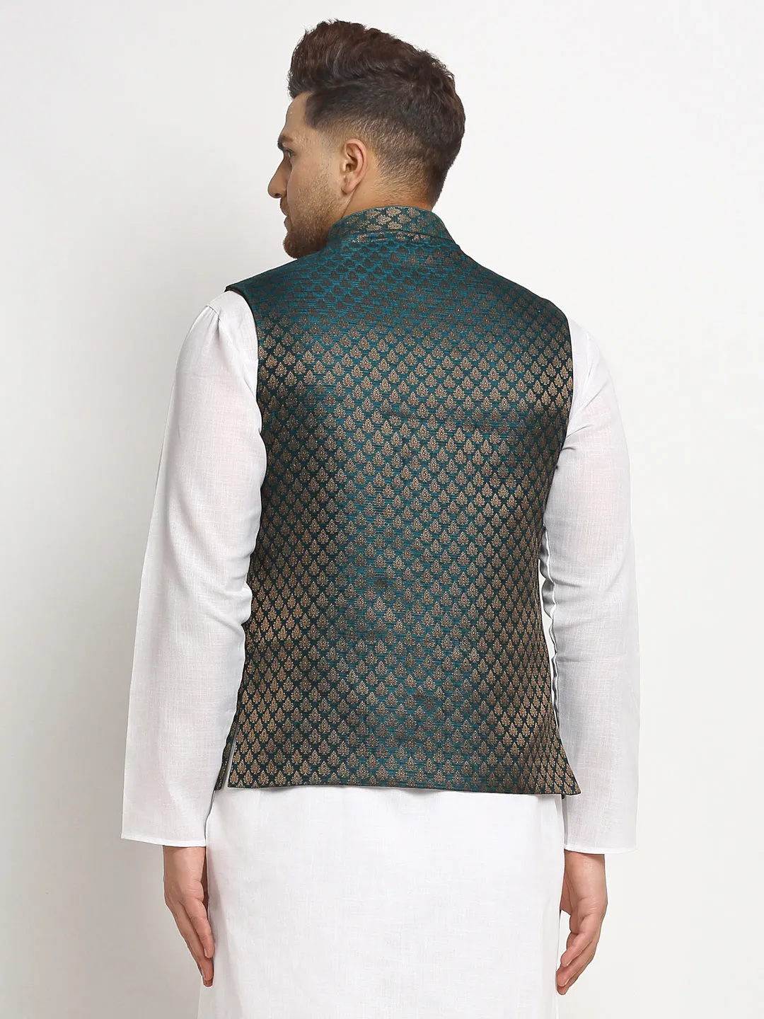 New Designer Men Dark Green Brocade Nehru Jacket With Golden Work By Treemoda