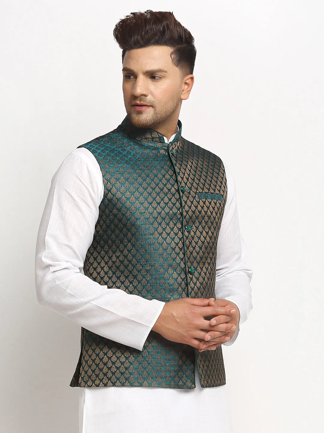 New Designer Men Dark Green Brocade Nehru Jacket With Golden Work By Treemoda