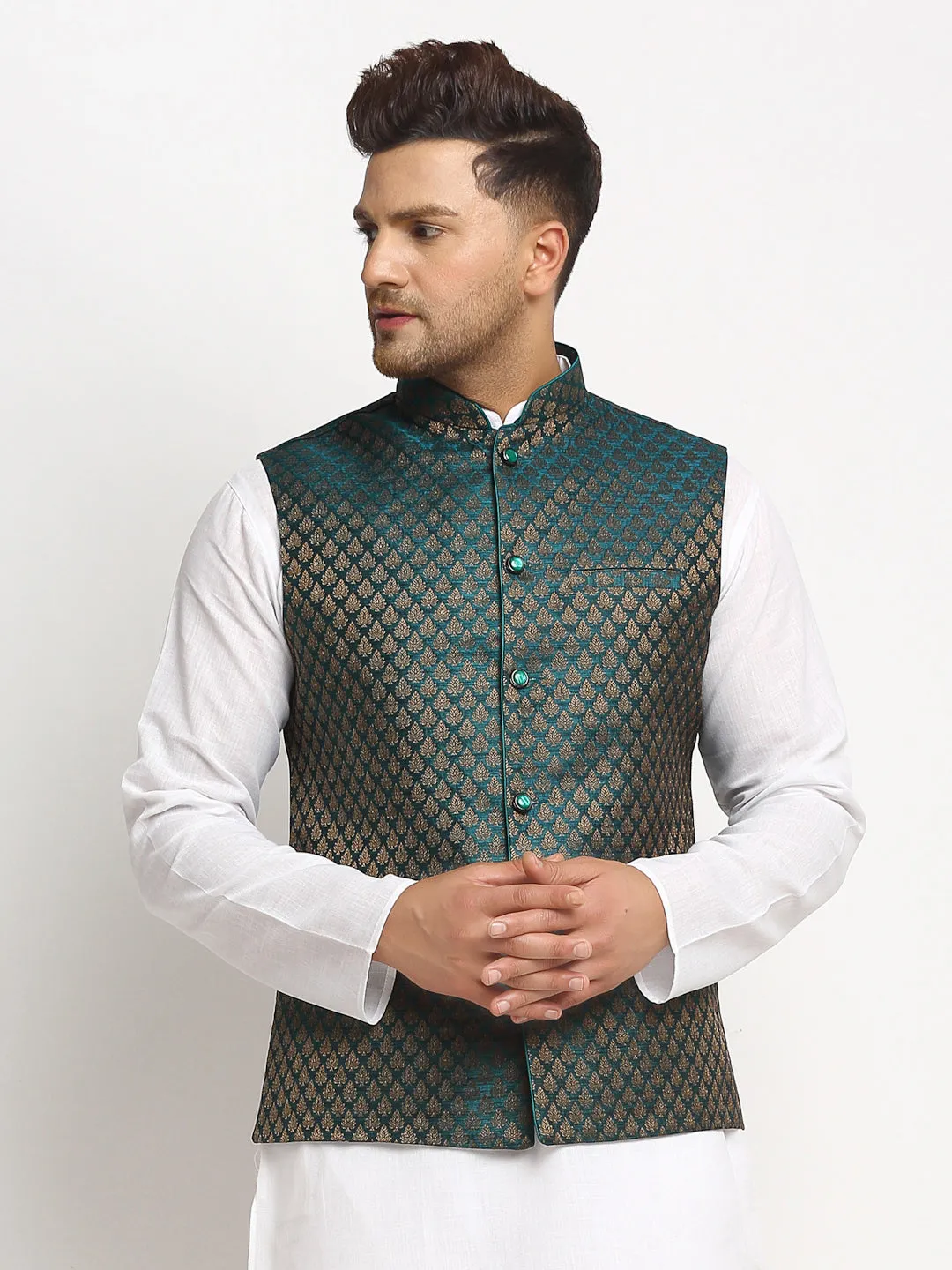 New Designer Men Dark Green Brocade Nehru Jacket With Golden Work By Treemoda
