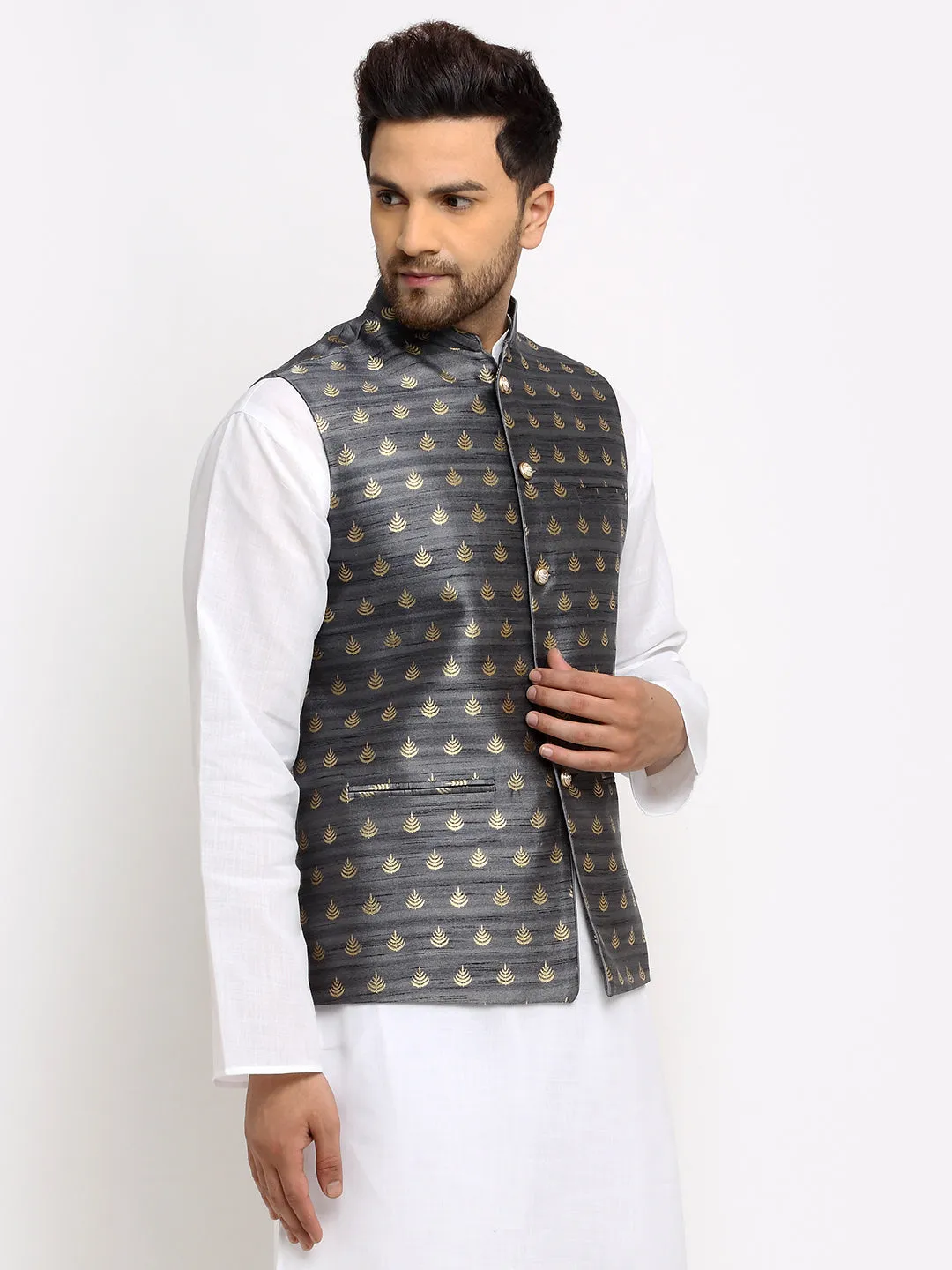 New Designer Men Dark Grey and Golden Brocade Nehru Jacket With Golden Work By Treemoda