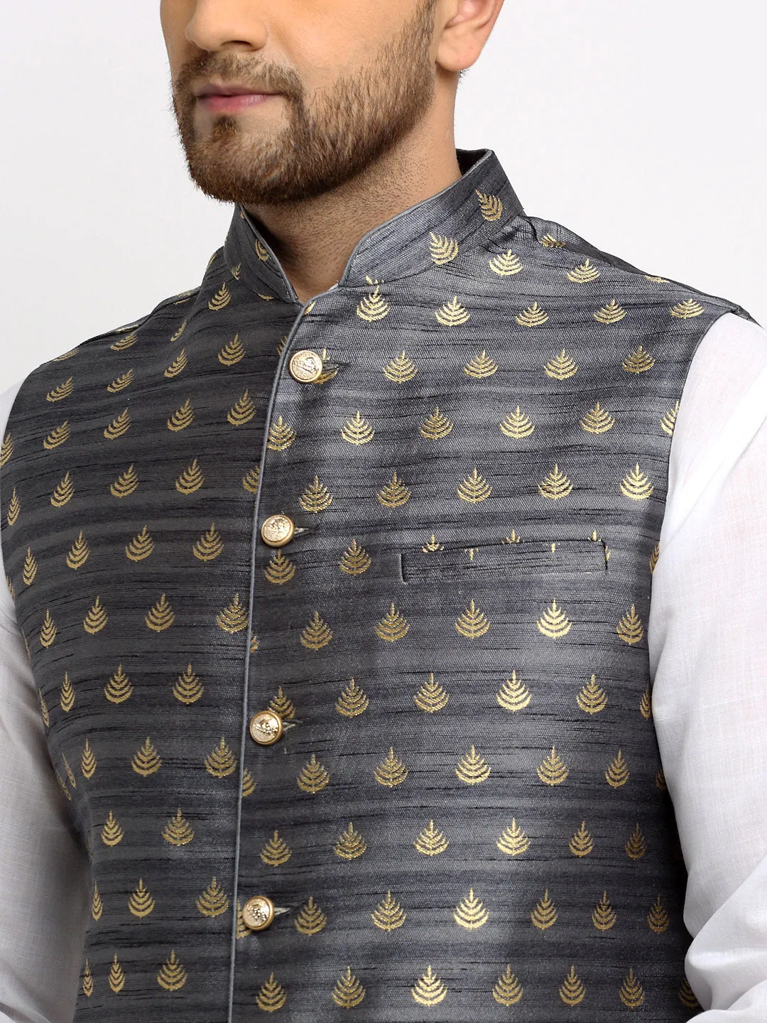 New Designer Men Dark Grey and Golden Brocade Nehru Jacket With Golden Work By Treemoda