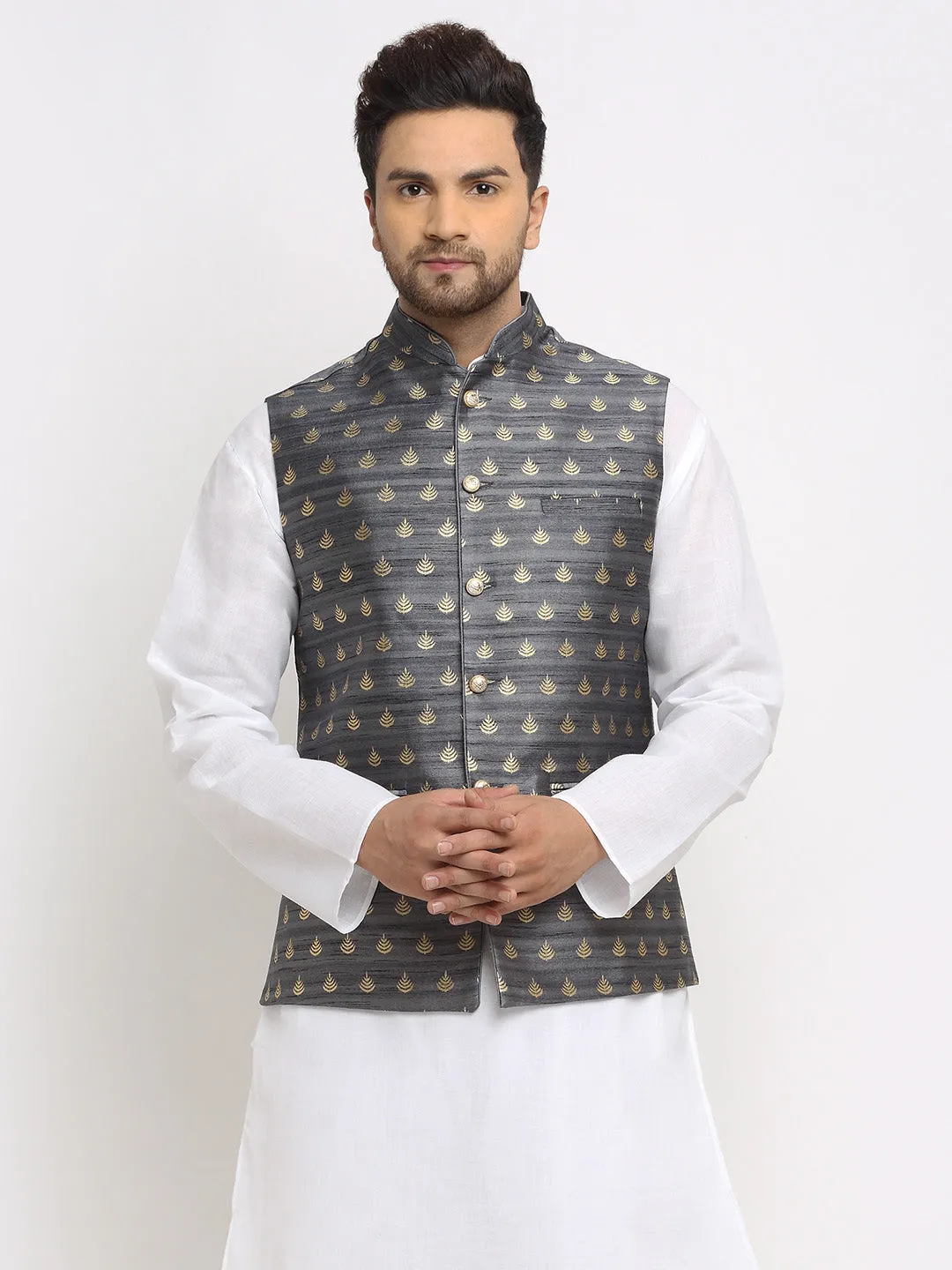 New Designer Men Dark Grey and Golden Brocade Nehru Jacket With Golden Work By Treemoda