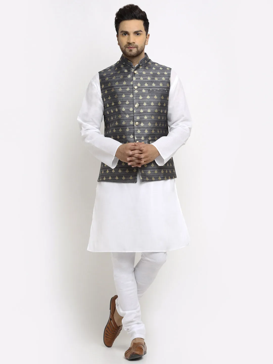 New Designer Men Dark Grey and Golden Brocade Nehru Jacket With Golden Work By Treemoda