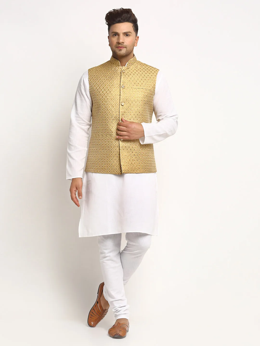 New Designer Men Golden Brocade Nehru Jacket With Golden Work By Treemoda