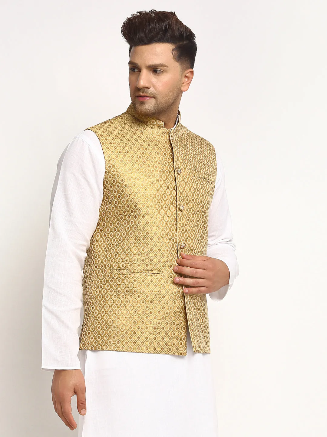 New Designer Men Golden Brocade Nehru Jacket With Golden Work By Treemoda