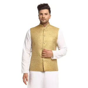 New Designer Men Golden Brocade Nehru Jacket With Golden Work By Treemoda