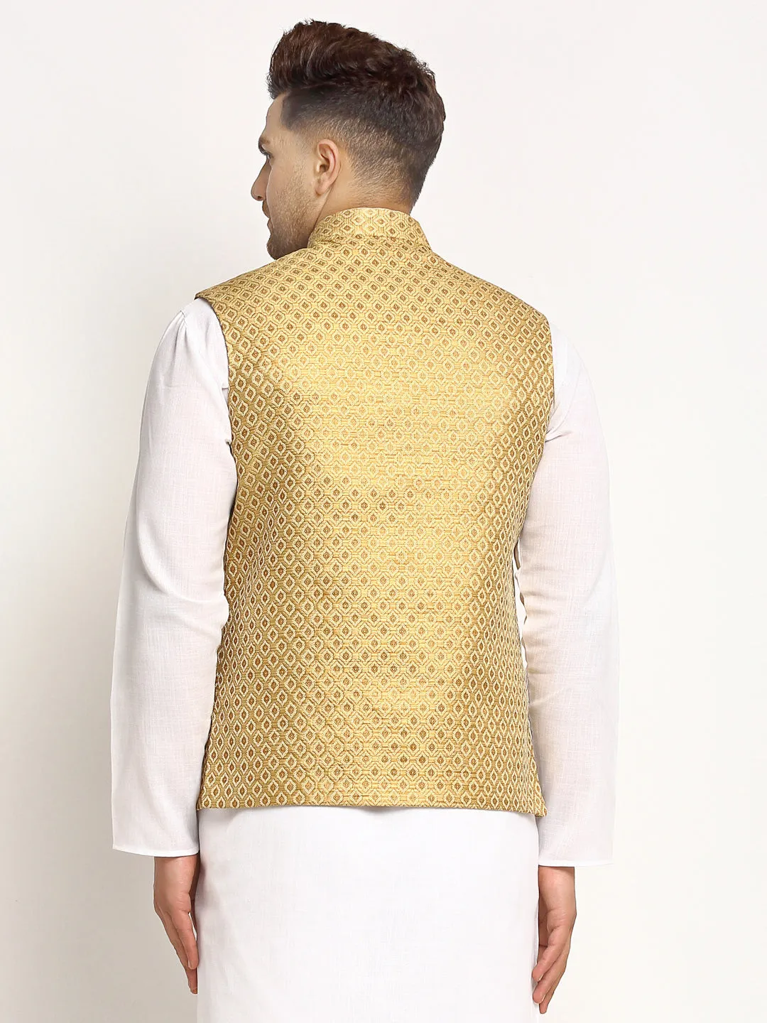 New Designer Men Golden Brocade Nehru Jacket With Golden Work By Treemoda