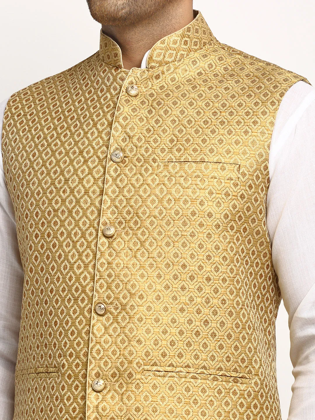 New Designer Men Golden Brocade Nehru Jacket With Golden Work By Treemoda