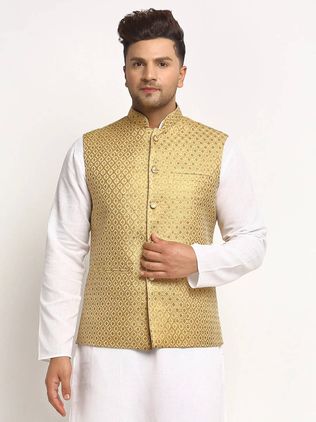 New Designer Men Golden Brocade Nehru Jacket With Golden Work By Treemoda
