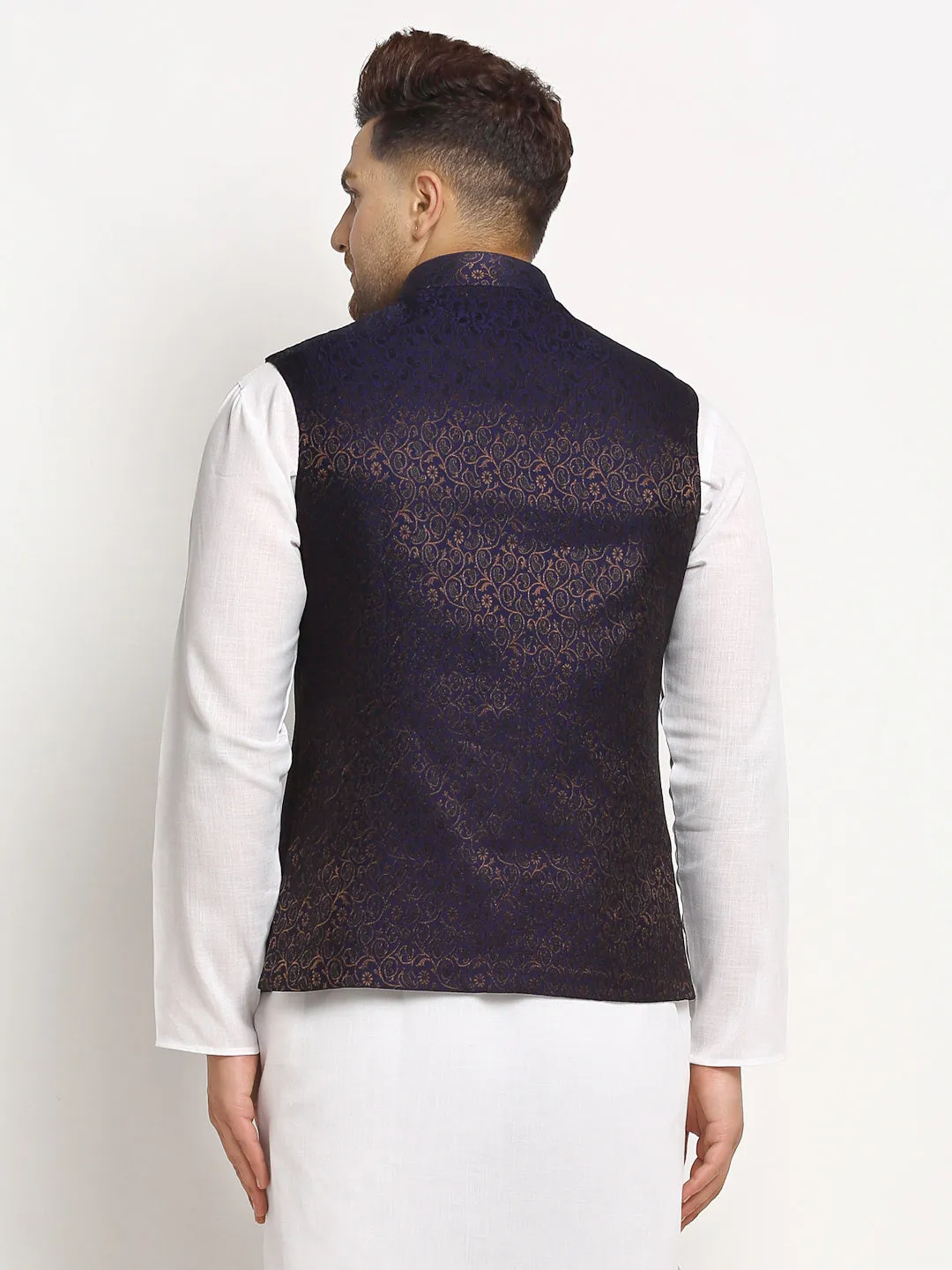New Designer Men Navy Blue Brocade Nehru Jacket With Golden Work By Treemoda