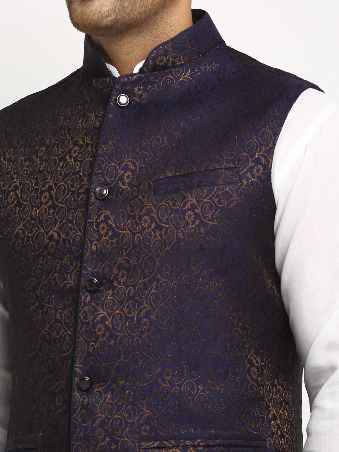 New Designer Men Navy Blue Brocade Nehru Jacket With Golden Work By Treemoda
