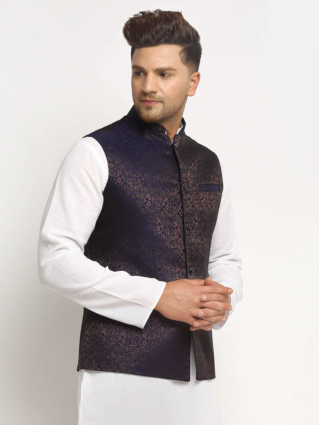 New Designer Men Navy Blue Brocade Nehru Jacket With Golden Work By Treemoda
