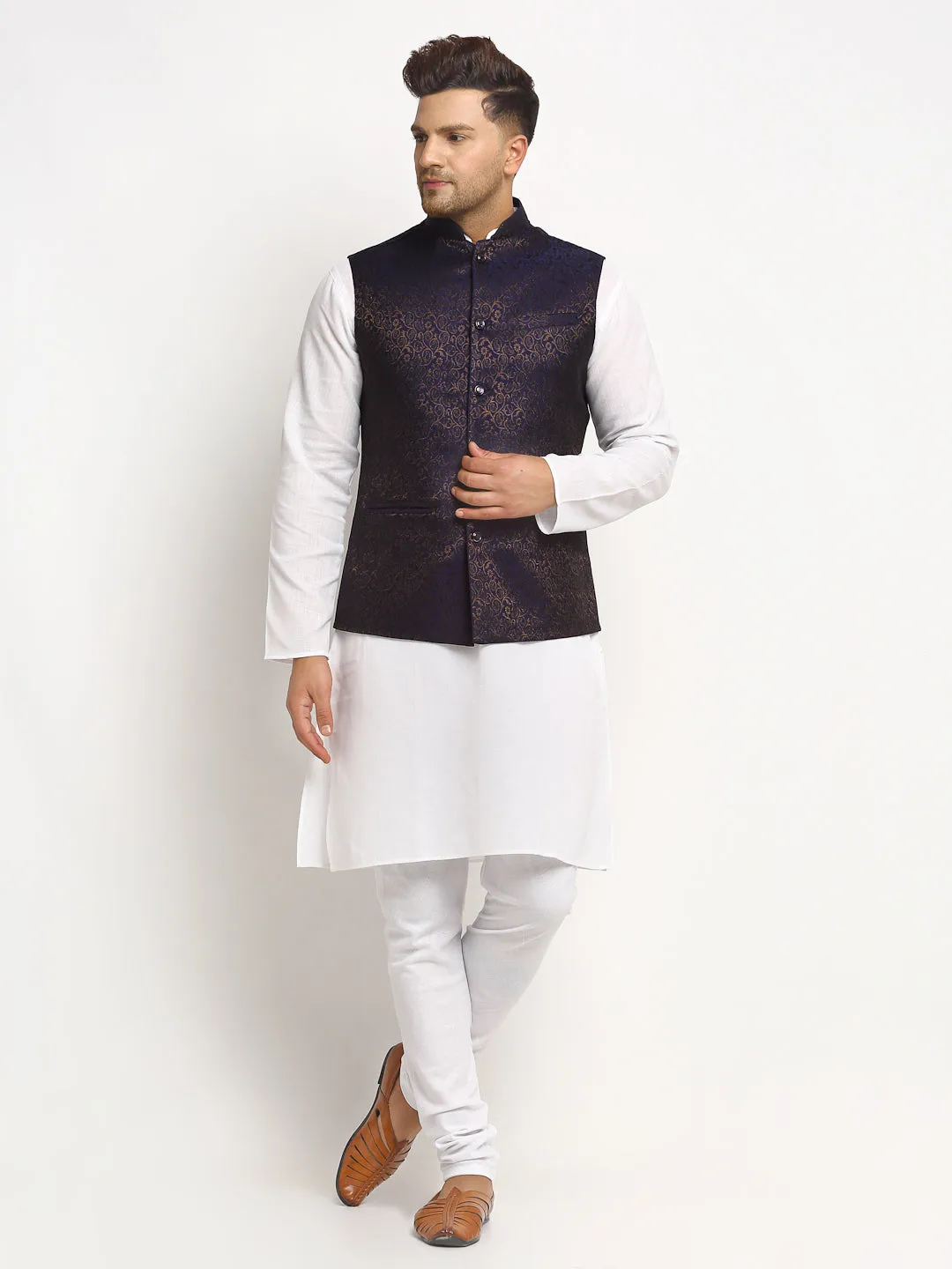 New Designer Men Navy Blue Brocade Nehru Jacket With Golden Work By Treemoda