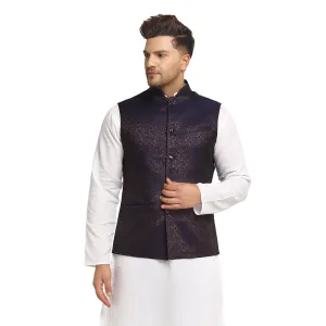 New Designer Men Navy Blue Brocade Nehru Jacket With Golden Work By Treemoda