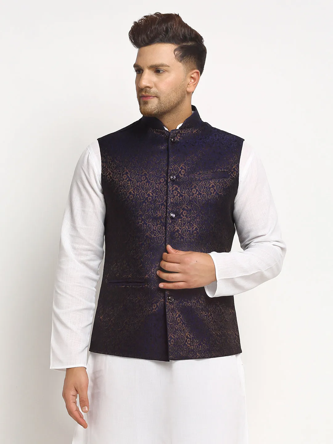 New Designer Men Navy Blue Brocade Nehru Jacket With Golden Work By Treemoda
