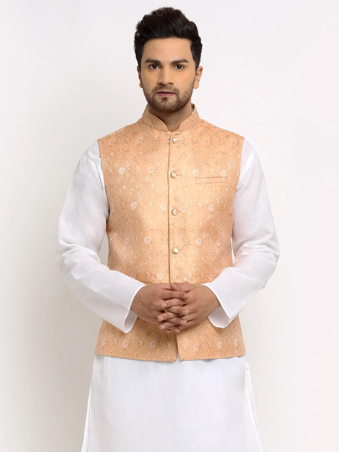 New Designer Men Peach Brocade Nehru Jacket With Golden Work By Treemoda