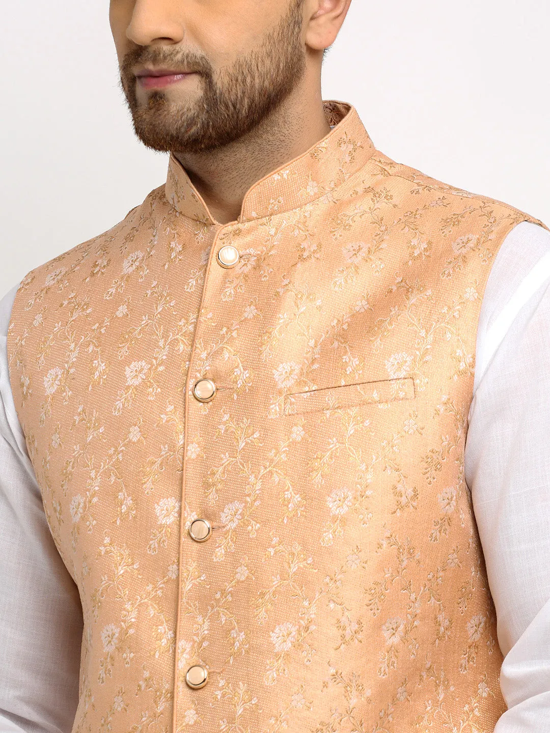 New Designer Men Peach Brocade Nehru Jacket With Golden Work By Treemoda