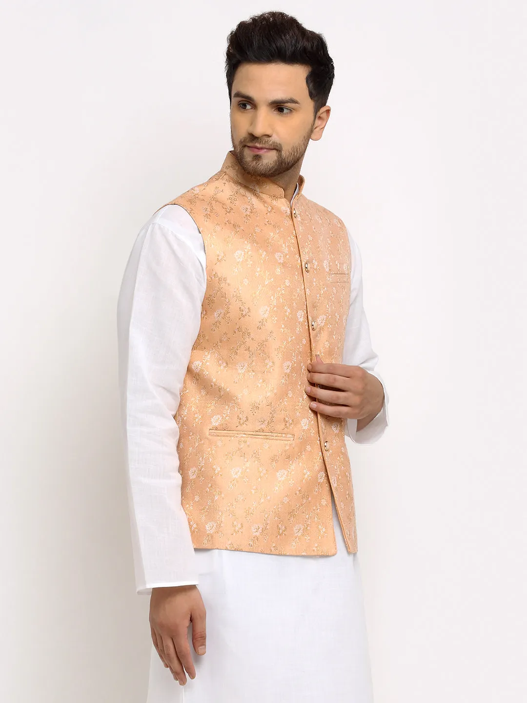 New Designer Men Peach Brocade Nehru Jacket With Golden Work By Treemoda