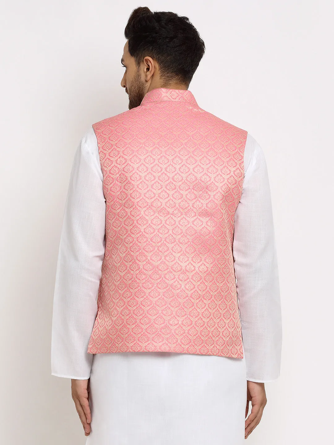 New Designer Men Pink and Golden Brocade Nehru Jacket With Golden Work By Treemoda